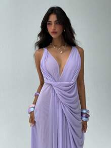 Aloruh 女士新款夏季雪纺连衣裙，纯色浅紫色透视设计，扭结领口，优雅长裙女士派对连衣裙薰衣草连衣裙丁香连衣裙紫色连衣裙女神连衣裙女士夏季连衣裙女士连衣裙女士夏季服装女士连衣裙女士夏季防晒连衣裙 - 淡紫色 - 查看 4