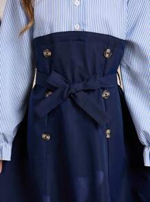 Tween Girls Elegant Striped Patchwork Long Sleeve Dress - Multicolor - View 3