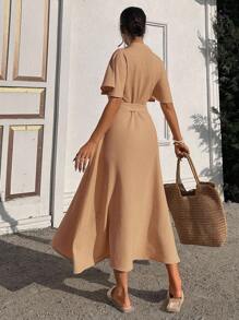 EURMUSE Ruffle Sleeve Crew-Neck Buttoned Maxi Dress With Shell Belt - Rust Brown - View 2