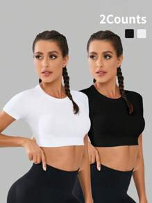 Gameset SHEIN Sport 2 件无缝高弹力纯色短款运动 T 恤无缝短款上衣健身短款上衣健身房短款上衣女式运动短款上衣无缝健身上衣短款上衣健身衬衫女式运动短款上衣健身房短款上衣无缝上衣短款健身上衣女式短款上衣短款上衣健身衬衫女式运动短款上衣衬衫无缝健身上衣