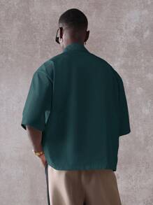 SUMWON Boxy Fit Button Down Collared Workwear Short Sleeve Casual Oversized Shirt Fall Spring - Dark Green - View 4