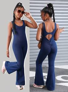 少女时尚休闲 Y2K 复古酷炫舒适柔软透气露背健身深蓝色针织弹力紧身无袖连体裤喇叭牛仔裤，适合少女日常穿着，柔软舒适，适合秋季、冬季穿着，适合返校、返校节、锐舞派对、音乐节、海滩、街头服饰和校园穿着。 - 藍色 - 查看 2