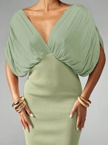 MISSGUIDED 优雅垂坠低领蝙蝠袖长裙，高腰侧开衩罗纹晚会婚礼宾客夏季春季 - 薄荷綠 - 查看 4