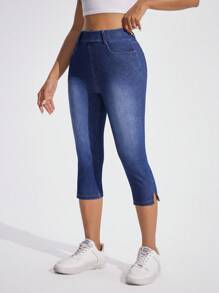 Flexra Jeans de mezclilla de punto con cintura alta elástica, dobladillo dividido y lavado casual para mujer - Azul lavado medio - Ver 4