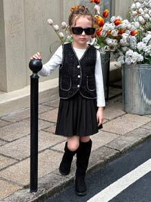 SHEIN Young Girl White Ribbed Crew Neck Long Sleeve Top Paired With Black Vest And Pleated Skirt, Cute & Comfortable Autumn/Winter Set - Black - View 3