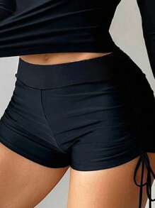 Swim SPRTY Women's Summer Zip-Up Long Sleeve Rash Guard & Drawstring Shorts Swimsuit Set, Black, Suitable For Surfing, Beach