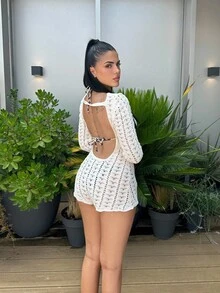 Lucia Bellido Crochet Knit Fitted Playsuit Ibiza Outfit, For Holiday, Spring, Summer, Vacation, Beach, Boho, Western White Isle, Beach Club Western Country