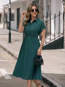 EMERY ROSE Batwing Sleeve Shirt Dress Without Belt Maxi Women Outfit - Dark Green - View 5