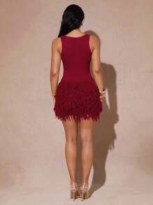 Silquee 女式流苏下摆无袖修身针织连衣裙 - 酒紅色 - 查看 7