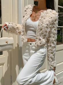 Serisse 女士法式休闲时尚通勤亮片装饰仿皮草外套，节日亮片毛绒外套，适合日常通勤。秋季女装、冬季女装、四季皆宜、冬季女装、休闲办公女装、法式风格、商务休闲女装、优雅、通勤、简约、办公室、复古、简约、日常穿着、国庆节、新年女装、舒适的秋冬女装 - 杏色 - 查看 2