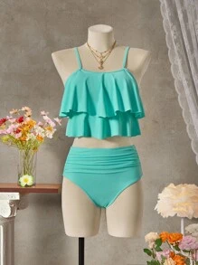 SHEIN Swim With Ruffle Trim Beach Tankini Set Outfit For Women, For Summer Vacation - Mint Green - View 9