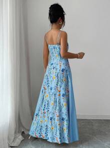 Elenzga Váy họa tiết hoa thanh lịch dành cho nữ, thích hợp cho kỳ nghỉ - Màu xanh lam - Xem 2