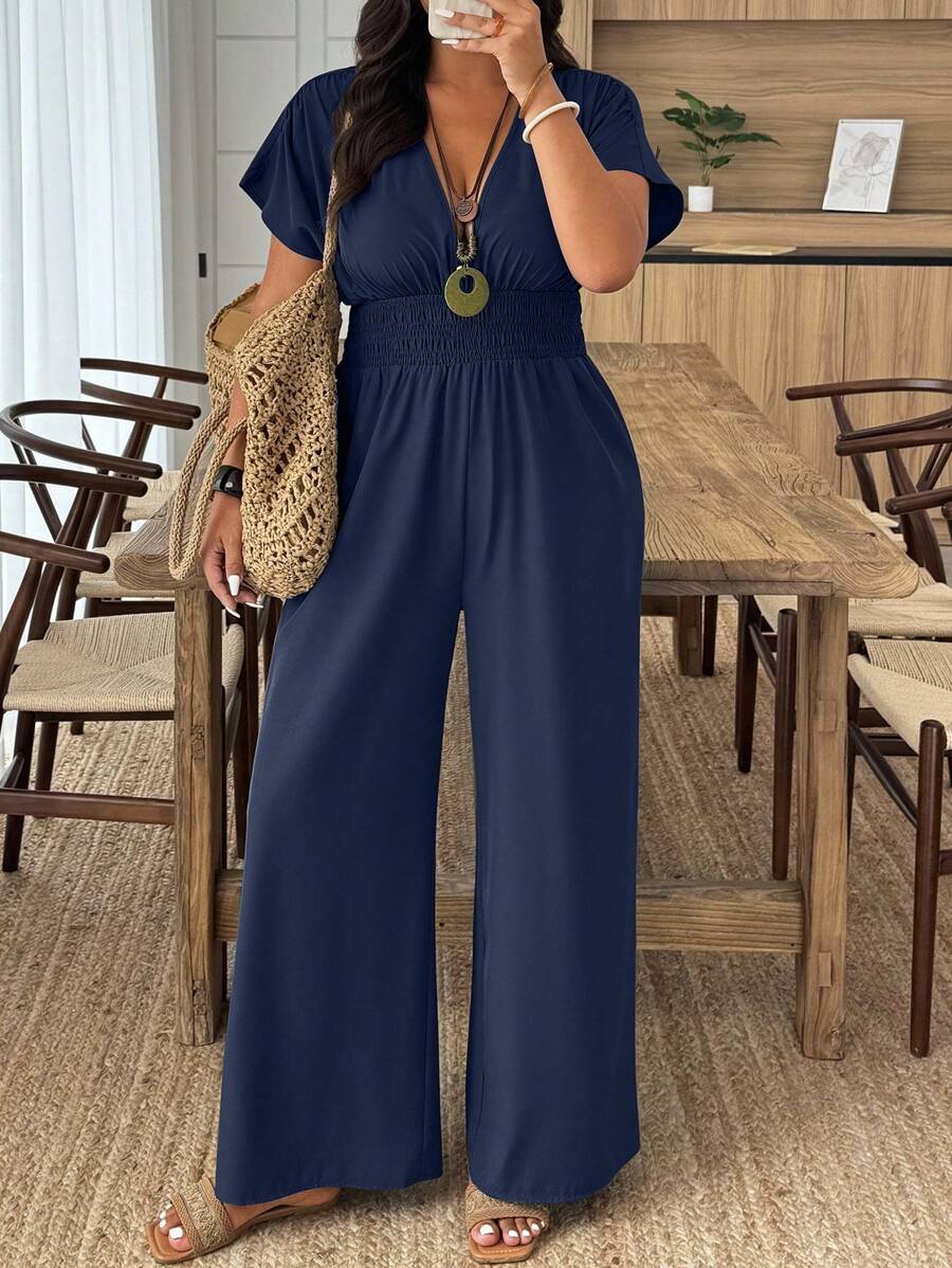 EMERY ROSE Plus Size Solid Color V-Neck Short Sleeve Jumpsuit - Navy Blue - View 1