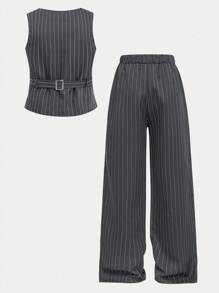 SHEIN Conjunto de 2 piezas con blazer sin mangas de cuello cuadrado a rayas y pantalones de pierna ancha para niña preadolescente - Gris Oscuro - Ver 14