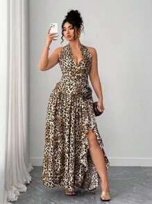 Elenzga Robe maxi élégante et romantique pour tous les jours et les fêtes, grande taille, ras-du-cou, col ras-du-cou Top de gamme, imprimé léopard, volants, col V profond, décor floral, fendu, ample - Multicolore - Voir 1