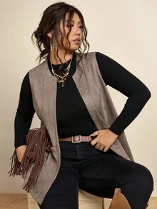 Freevana 大码女式休闲毛绒纹理双口袋前开背心，适合秋季大码秋装大码西部背心大码绒面背心大码秋季背心大码大码大码背心大码秋季服装女装秋季背心棕色背心女装 - 棕色 - 查看 3