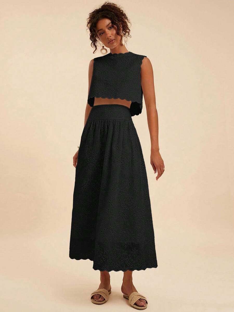 Travachic 两件套女士纯色梭织无袖露脐宽松吊带背心和高腰半身裙，秋冬春夏皆宜，美丽连衣裙，露脐上衣和半身裙套装，休闲女装风格，秋季女装，时尚秋季，外出装，优雅套装，婚礼宾客礼服，婚礼宾客套装 - 黑色 - 查看 1