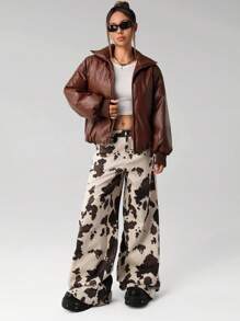 SHEIN ICON 女款牛仔印花直筒宽松阔腿裤，适合西式街头通勤，秋冬