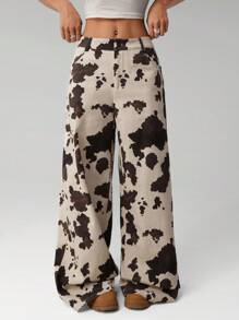 SHEIN ICON 女款牛仔印花直筒宽松阔腿裤，适合西式街头通勤，秋冬