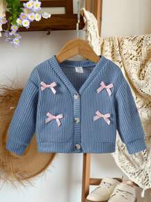 SHEIN Vintaside Kids Baby Girl V-Neck Bow Solid Color Long Sleeve Cardigan Sweater, Spring/Autumn Outerwear Fall Winter - Royal Blue - View 7