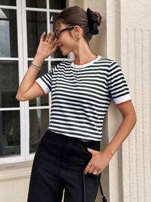 Serisse Mujeres veraniegas de moda Top de tejido de punto de rayas simple negro y blanco, Todo coincidente