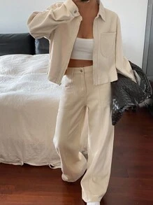 Livesso Petite 女款翻領長袖上衣與長褲休閒街頭風日常丹寧套裝，秋季上班度假白色 - 白色 - 查看 3