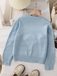 SHEIN Genkimix Kids 青少年女孩返校休闲蝴蝶装饰圆领毛衣，柔软、温暖、百搭、舒适，适合秋冬季 - 藍色 - 查看 2