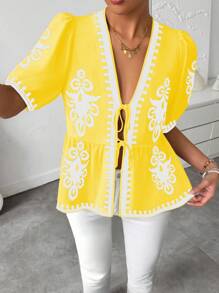 Breezaya Blouse femme à manches bouffantes avec nœud devant et imprimé floral - Multicolore - Voir 3