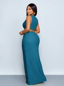 SOLERSUN Plus Size Women's Spring And Summer Solid Color Textured Fabric Waist Hollow Twist High Slit Sexy Long Dress, Beach Vacation - Teal Blue - View 2