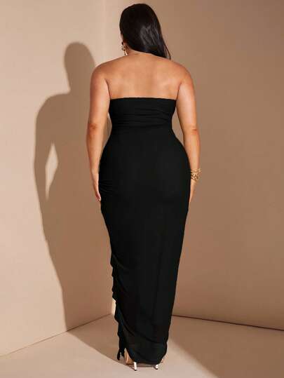 SHEIN BAE Plus Size Women's Spring/Summer Pea Green, Green Ruched Flounce Hem High Slit Dress, Elegant Vacation Beach Dress, Beach Party Dress, Night Out Dress, Birthday Dress, Sexy Chic Dress, Mesh Dress Black Ruched Dress/ Black Dress With Slit/ Black Strapless Dress/ Black Party Dress/ Black Tube Dress,Valentine's Day,Valentine Outfits For Women