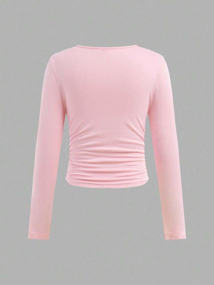 SHEIN Girlism Set de 3 camisetas de manga larga con cuello redondo, ajustadas y de unicolor con pliegues, de estilo elegante para niñas preadolescentes en otoño/invierno - Multicolor - Añade 3