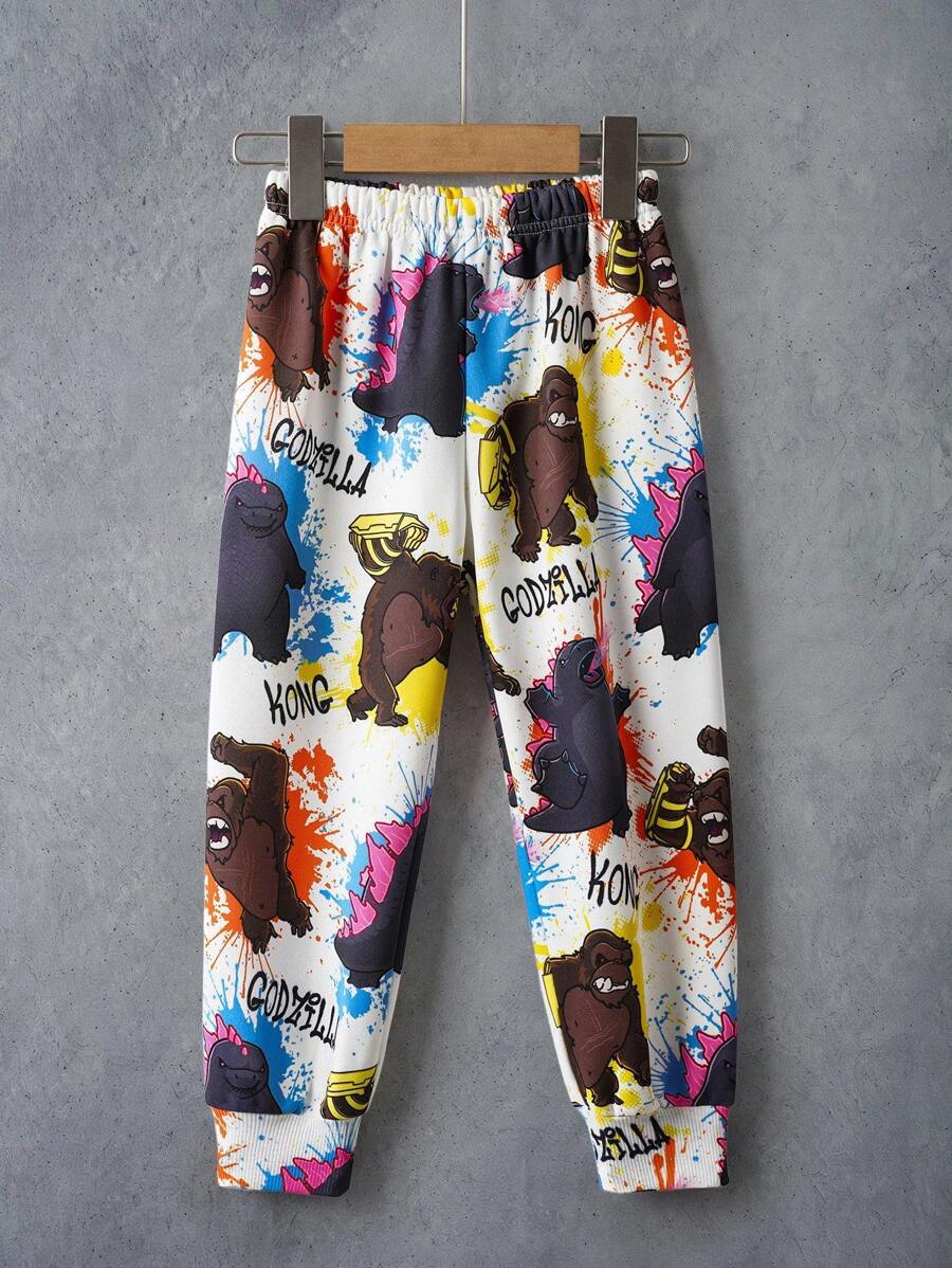 GODZILLAxKONG X SHEIN Young Boy Casual Cartoon Print Elastic Waist Loose Fit Long Sweatpants - Multicolor - View 1