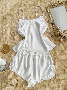 SHEIN Floral Embroidery Lace Patchwork Camisole & Shorts Women Pajama Set - White - View 3
