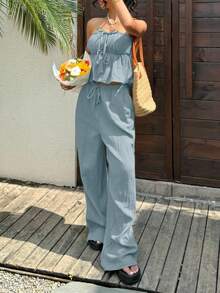 SHEIN EZwear Hazy Blue Woven Women's Bandeau Vacation Casual Outfit Boho  Two Piece Set For Women - Dusty Blue - View 5