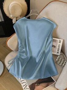 GlowEve Women's Elegant Elegant Simple Solid Color V-Neck Batwing Sleeve Drawstring Ruched Satin Blouse, Summer - Blue - View 2