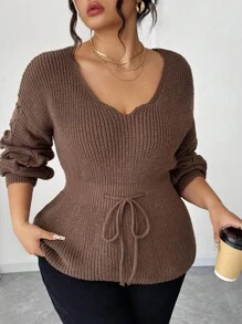 Elenzga Pull élégant à taille ajustée avec ceinture, grande taille - Tabac - Voir 7