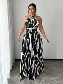 SHEIN SXY Plus Size Women's Spring/Summer Sexy Elegant Commuting Minimalist Black & White Striped Print Waist Tie Flowy A-Line Dress, Suitable For Everyday Wear, Business, Simple, Commuting, Elegant, Casual, Shopping, Streetwear, Going Out, Easy To Match & Looks Slim, Accent Your Body, Flatter The Figure - Black - View 4