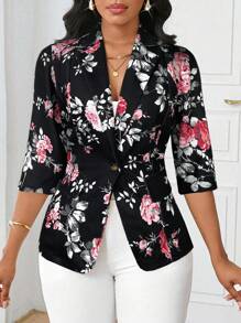 SHEIN Lady Áo khoác vest mỏng dành cho nữ phù hợp với mọi mùa Áo khoác blazer nữ công sở thường ngày họa tiết hoa - màu đen - Xem 4