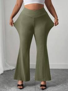 Elenzga Plus Size Women's New Asymmetric Waist Flare Knit Pants, Black, Loose Fit Elegant Office Wear Plus Size Flare Pants Plus Size Bell Bottoms Stretchy Pants Fall Cloth For Women