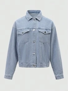 Damen leicht gewaschene blaue Lässig Minimalistische Mode Taschen Langarm Denim Jacke, Damen blaue Oversized Crop Denim Jacke - Helle Waschung - Übersicht 1