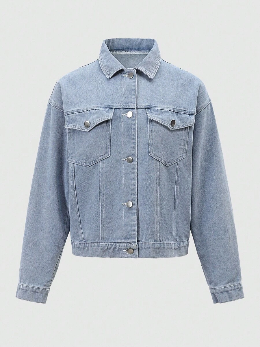 Damen leicht gewaschene blaue Lässig Minimalistische Mode Taschen Langarm Denim Jacke, Damen blaue Oversized Crop Denim Jacke - Helle Waschung - Übersicht 1