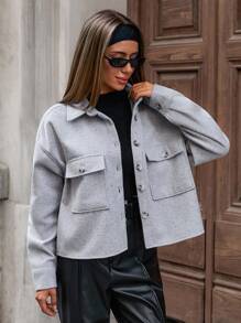 EURMUSE Front Button Pocket Solid Color Casual Long Sleeve Jacket - Grey - View 4