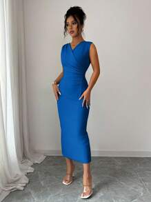 Elenzga Women's Elegant Fashion Commuter Casual Comfortable Charming Retro Romantic Vacation Sleeveless V-Neck Waist Gathered Bodycon Solid Color Dress - Royal Blue - View 5