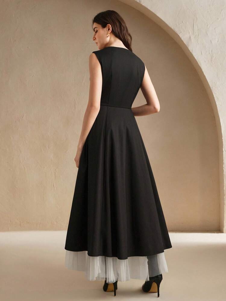 Women's Black Mesh Flared Skirt, Elegant A-Line Spring/Summer Holiday Dress