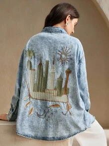 Anewsta 重磅刺绣女式蓝色牛仔裤，街头风格 - 中等水洗藍 - 查看 1