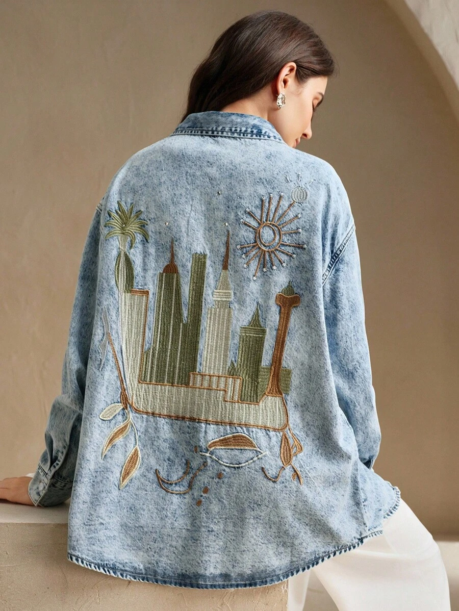 Anewsta 重磅刺绣女式蓝色牛仔裤，街头风格 - 中等水洗藍 - 查看 1