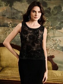 Anewsta Women's Fashionable Luxury Resort Style Beaded & Sequin Embellished Sleeveless Casual Tank Top - Black - View 3