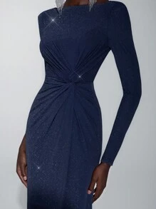 Elitara Ladies' Boat Neck Long Sleeve Bridesmaid Dress With Twisted Waist, (Adult) Elegant Formal Evening Prom Wedding Guest Gown, For Graduation, Dinner Party Dress - Navy Blue - View 2