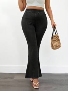 SHEIN Tall CURVE جينز أسود بخصر مطاطي وساق واسعة، مناسب للمناسبات الكاجوال والخروج والنوادي والمطار، مناسب للمقاسات الكبيرة، للصيف والخريف والعودة للمدرسة والهالوين والطراز Y2K من القرن ال- 2000، طراز شارع جميل، غوث، جرانج، تكنو - الأسود - مشاهدة 4