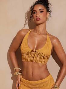 Hauture 女士性感度假夏季外出芥末黄钩针针织吊带背心 - 黃色 - 查看 2